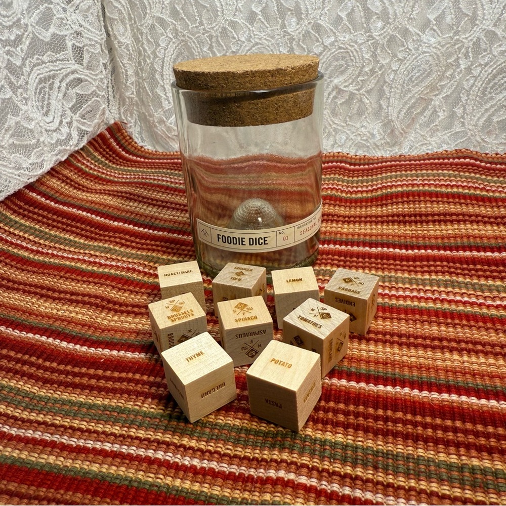 Foodie Dice Set - Inspiration for Seasonal Dinners - Glass Jar w/Cork Lid 9 Dice